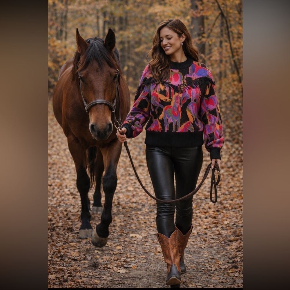 ❄️SUPER RARE❄️ Farm Rio Anthropologie NWT Horses Fringe Sweater size S.